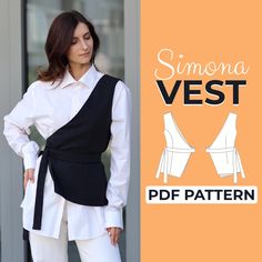 a woman in white pants and black shirt with the text, simona vest pattern