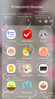 an iphone screen with icons on it and the text'productivity booster'above it