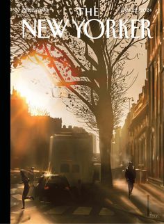 the new yorker magazine cover with a man walking down the street in front of a tree