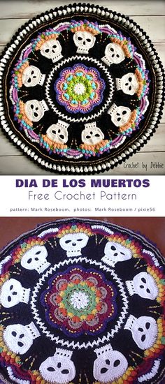 two circular rugs with skulls on them and one is made out of crochet