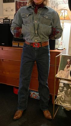 maroon handkerchief  st johns bay flannel vintage old navy dungarees jean jacket foster’s belt with 1983 NAP inc “its my air too” belt buckle wrangler jeans dan post cowboy boots   this outfit was heavily inspired by jesse welles and i assume he gets most of his outfit inspo from other artists like bob dylan :^)   #beltbuckles #cowboy #vintage #retro #vintagestyle  #1970s #1960s #70s #60s #western Red Cowboy Outfit Men, Cowboy Fit Aesthetic, Cowboy Outfit Inspiration, 70s Jacket Men, 70s Western Fashion Vintage, Western Winter Outfits Men, Southern Male Fashion, Texas Aesthetic Cowboy, Western Man Outfit