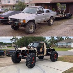 there are two pictures of the same truck in front of a house and another photo of an off road vehicle