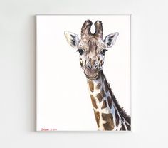 a painting of a giraffe on a white background with the head turned to look like it is looking straight ahead