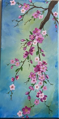 an acrylic painting of pink flowers on a blue background with a tree branch