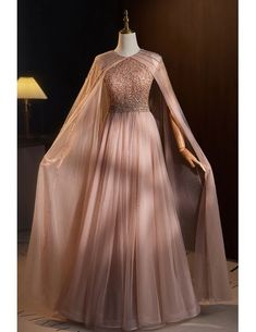 Prom Dress With Cape, Hijabi Gowns, Dress With Cape, Formal Dresses With Sleeves, Dress Photo, Prom Dresses Modest, Beaded Prom Dress, Tulle Prom Dress, Fantasy Dress