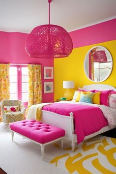 a bedroom with bright pink and yellow walls