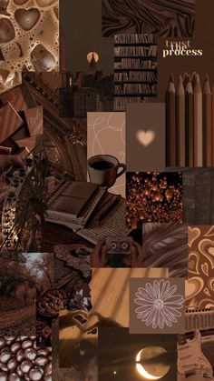 a collage of photos with coffee, chocolates, and other things in them