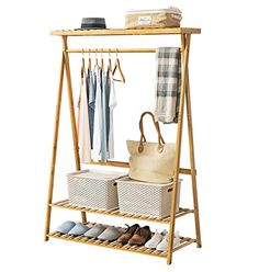 a wooden rack with shoes and bags on it