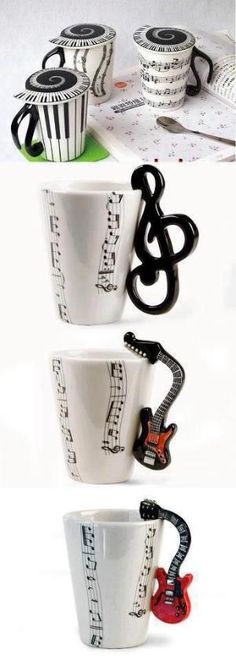 three coffee mugs with musical notes on them