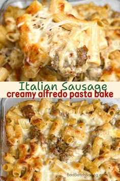 this is an italian sausage creamy alfredo pasta bake with meat and cheese on top