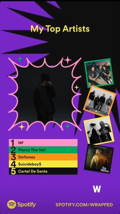 the poster for my top artists, featuring pictures of people in black and purple colors