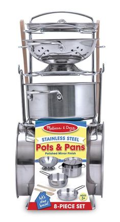 the stainless steel pots and pans set is on display in front of a white background