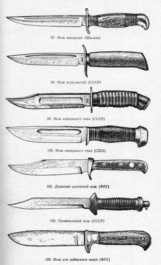 several types of knifes are shown in this old book, with different sizes and shapes