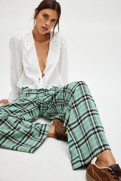 A perfectly plaid version of our Hudson Canyon Stripe Pants, this slouchy pair is featured in a high-rise fit and wide-leg style with a drawstring waistband. **Fit:** High-rise; wide, full-length legs **Features:** Soft cotton fabrication with wide plaid print throughout, adjustable drawstring waistband, pockets for hands, back-pocket detail **Why We ❤ It:** These billowy pants pair perfectly with your favorite tank and strappy sandals. | Hudson Canyon Plaid Pants by Free People in Green, Size: Stripe Pants, Trouser Style, Plaid Pants, Plaid Print, Bottom Clothes, Small Waist, Drawstring Waistband, Pocket Detail, Pants Outfit