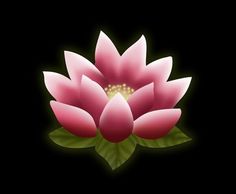 a pink lotus flower with green leaves on a black background in the middle of the image