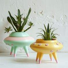 two colorful planters with plants in them