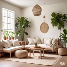 a living room filled with lots of furniture and potted plants on top of it