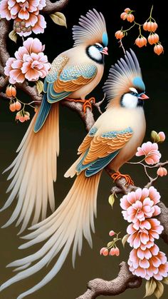 two birds sitting on top of a tree branch next to pink and white flowers in front of a black background