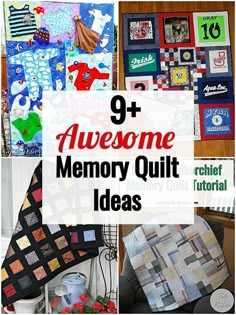 the words 9 awesome memory quilt ideas are in front of pictures of different items on display