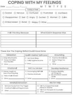 Are you struggling to cope with overwhelming feelings of anxiety and stress?  Do you find it difficult to manager your emotions and maintain your emotional well-being? This Anxiety Relief Journal is the perfect resource for adults and teens looking to navigate their feelings and find healthy coping mechanisms. This Coping with Feelings Workbook is designed to help you tackle stress and overwhelm head-on, providing you with a safe space to explore your emotions and develop strategies for managing Managing Emotions Worksheets, Coping Toolbox Ideas For Adults, How To Journal For Therapy Feelings, Therapy Workbooks For Adults, Feelings Journal, Mindfulness Journal Prompts, Calming Techniques, Healing Journaling, Coping Mechanism