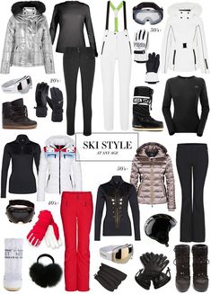 a collage of ski clothes and accessories