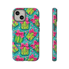 a cell phone case with an image of cactuses and bows on it, both in blue