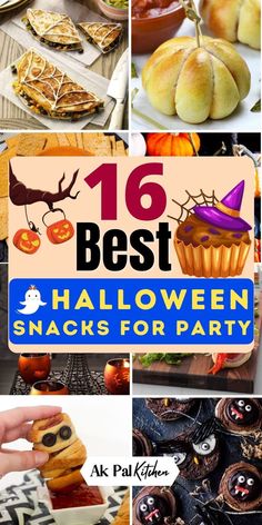 halloween snacks and desserts are featured in this collage with the words, 16 best halloween snacks for party