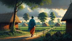 a painting of a man walking down a dirt road