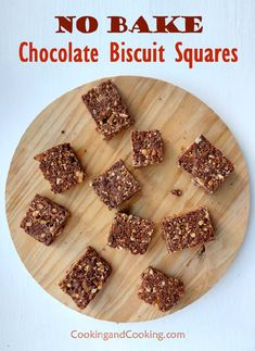 no bake chocolate biscuit squares on a wooden plate