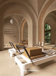 an artistic rendering of a lounge chair in a room with arches on the walls and floor