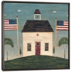 a painting of a white house with american flags on it