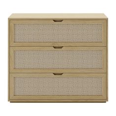 a wooden dresser with three drawers and wicker design on the front, white background