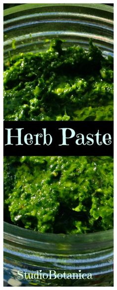 a jar filled with green pesto next to the words herb pastee on it