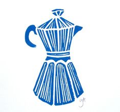 a blue and white drawing of a coffee pot