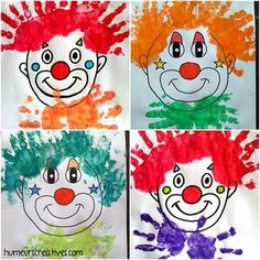 four pictures of clowns painted on paper with different colors and shapes, one is red, the other is green