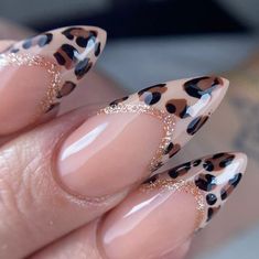 Almond Nails Designs Leopard, Cute Leopard Print Nails, Lepord Print Nails Almond, Gold And Cheetah Nails, Maroon And Leopard Nails, Winter Leopard Nails, Leopard Design Nails, Black And White Leopard Nails, Fall Cheetah Nails Almond