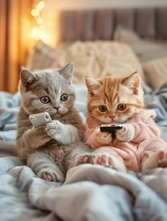 two kittens are sitting on a bed and one is holding a remote control in its paws