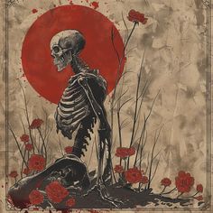 a skeleton sitting on the ground in front of red flowers and an orange sun behind it