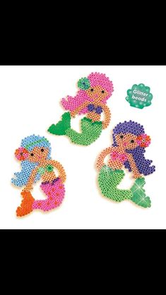 three little mermaids made out of plastic beads on a white background with the words glitter beads