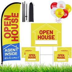 an open house sign with balloons and signs in the grass next to it on a white background