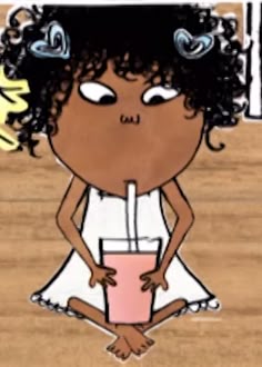 a drawing of a girl with curly hair holding a drink