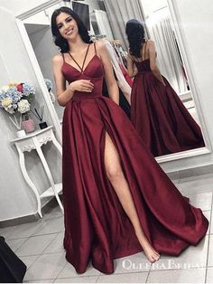 Evening Dresses Long Elegant, Dresses Long Elegant, Split Prom Dresses, Prom Dresses With Pockets, Spaghetti Strap Prom Dress, Elegant Prom Dresses, Burgundy Prom Dress, Prom Dresses For Teens