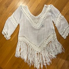 White Fringe See-Through Shirt - Size Small - Never Worn White Tops For Beach Cover-up, White Blouse For Beach Season, Long Sleeve Tops For Summer Beach Cover-up, Long Sleeve Cotton Tops For Beach, Long Sleeve Cotton Tops For The Beach, Long Sleeve Summer Top For Beach, Summer Long Sleeve Tops For Beach, White Blouse For Beach Season Cover-up, Fitted White Tops For Beach Season