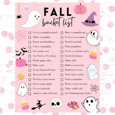 a pink halloween bucket list with ghost, pumpkins and other things to do on it