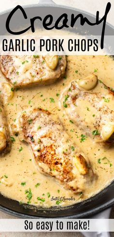 creamy garlic pork chops in a skillet with text overlay