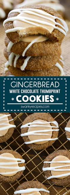 gingerbread cookies with white chocolate hummus and frosting on top are sitting on a cooling rack