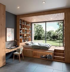 a bedroom with a bed, desk and bookshelf next to a large window