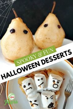 halloween desserts with spooky and fun faces on them, including pears