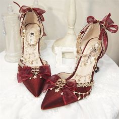 Customized Product, Ship In 5-15 Days. Fabric Material: Pu Color: Golden, Red Heels Height: 8cm/3.15", 5cm/1.97" Red Quince Theme Decorations, Red And Gold Shoes, Red And Gold Heels, Wine Red Heels, Textiles Moodboard, Quinceanera Heels, Christmas Heels, Regency Shoes, Shoes To Draw