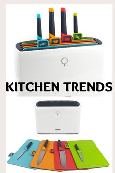 kitchen utensils and cutting boards with the words kitchen trend